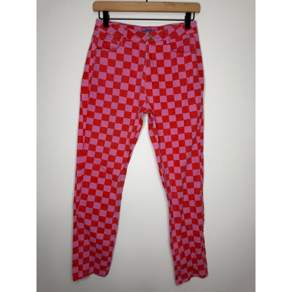 Edikted -‎ Red and Pink Checkered Jeans 100% Cotton Dopamine Maximalist Size Sm